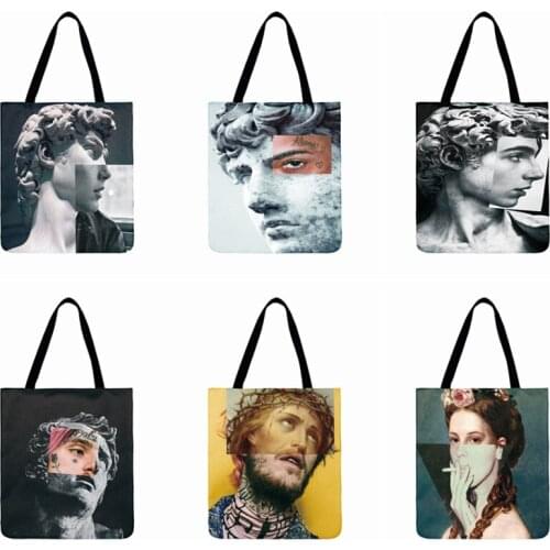 Abstract Artistic Figures Printed Tote Bag Linen Fabric Bag Casual Totes Fashion Foldable Shopping Bag Outdoor Beach Bag Daily