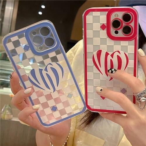 Funny Pink Love Heart Checkered Phone Case For iPhone 11 12 Pro MAX XS 7 XR SE2020 X 8Plus Cute Clear Soft Silicone Cover Fundas