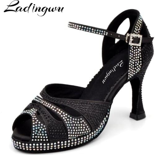 Dance Shoes Latin Womens shoes High Platform Glitter Rhinestone And Women Satin Ballroom Dance Sandals High Heels 9cm Black