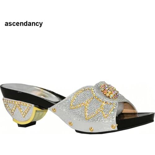 Latest Sliver Color African Pumps Shoe Summer Low Heels Italy Women Wedding Shoes Rhinestone Elegant Women Summer Slipper Shoes