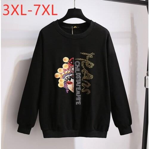 New Ladies Autumn Winter Plus Size Tops For Women Large Pullover Long Sleeve Loose Cotton Black Print Sweatshirt 4XL 5XL 6XL 7XL