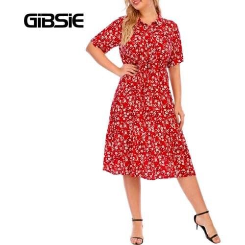 GIBSIE Plus Size Half Button Floral Print Shirt Dress 2021 New Women Summer Short Sleeve Drawstring Waist Elegant Midi Dresses