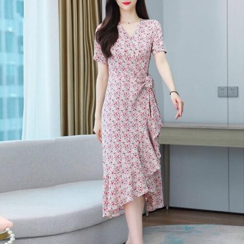 2021 New Summer Women Lotus Leaf Short Sleeve Dresses Fashion V-neck Female Floral Print Waist Temperament Plus Size Dress aq240