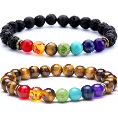 Men Women 8mm Lava Rock 7 Chakras Aromatherapy Essential Oil Diffuser Bracelet Braided Rope Natural Stone Yoga Beads Bracelet Ba