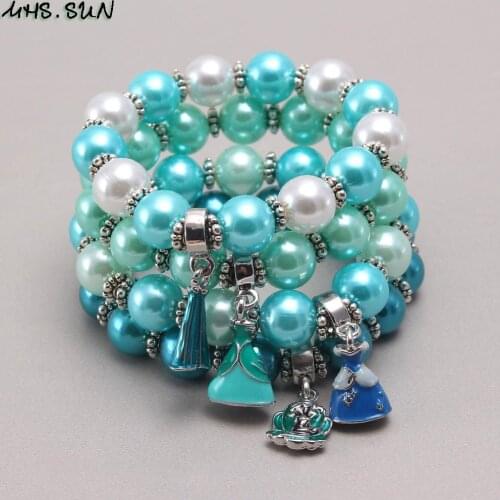 MHS.SUN 10pcs baby kids bubblegum pearls bracelets cute girls princess dress pendant charm bangles handmade cartoon kids jewelry