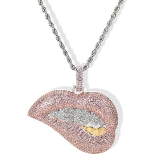 Bling Pink Lip Pendant Full Cubic Zirconia Necklace With Tennis Chain Hip Hop Fashion Jewelry For Men Women Gift