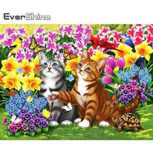 Evershine Diamond Embroidery Cat Animals Full Square Round Diamond Painting Flower Rhinestone Mosaic Art Home Decoration
