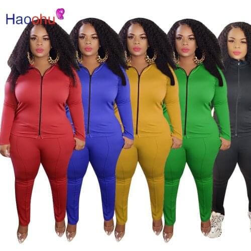 HAOOHU Plus Size L-5XL Autumn Winter Womens Set Zip jacket top Jogger Pants Set Tracksuit Two Piece Outfit Set Sporty