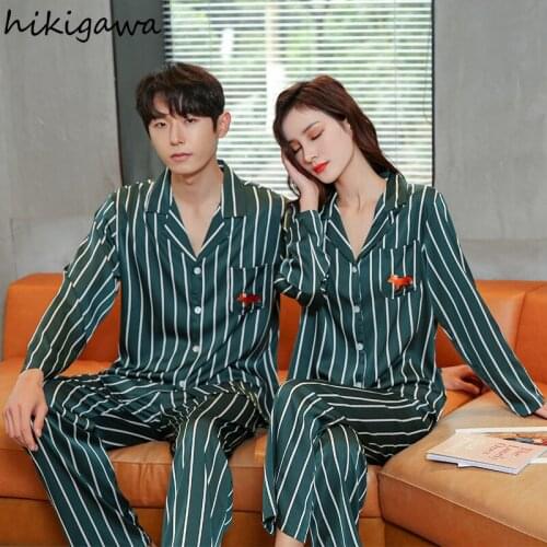 Hikigawa Simple Couple Home Service Suit Autumn Casual Long-sleeve Trousers Pajamas Cardigan Lapel Striped Pajama Sets Female