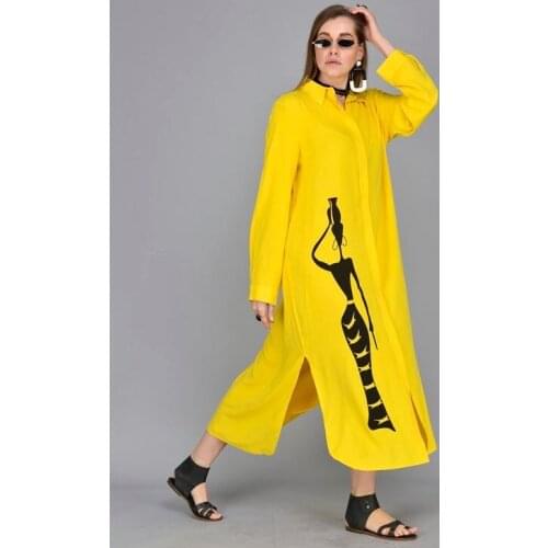 Yellow Color Cotton Fabric Long Buika Shirt Dress 2021 African Style Authentic New Womens Fashion Clothing