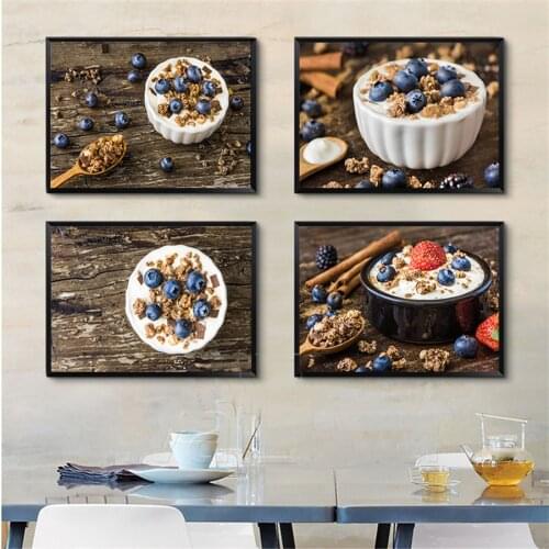Yogurt With Strawberry Blueberry Canvas Painting Modern Home Decor Wall Art Picture for Kitchen Room Decor Nordic Posters Prints