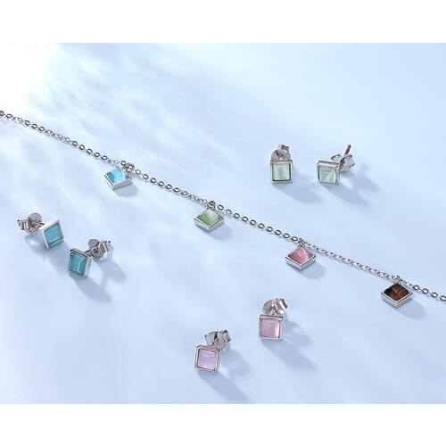 WOSTU Genuine 925 Sterling Silver Opal Blue Green Pink Jewelry Set Bracelet Stud Earrings Gift Wedding Jewelry CQB224 CQE1269