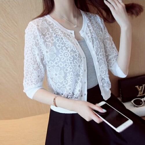 GGRIGHT Short Lace Hollow Out Sweater 2021 Knitted Sweaters Women Summer Casual Outwear V Neck Three Quarter Cardigan Mujer