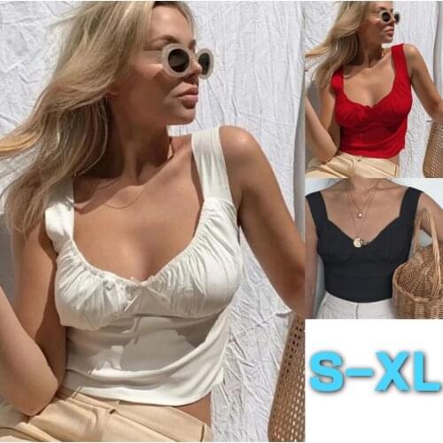 Kuelawear Sexy Halter Tops Ladies Fashion Casual Cotton T-shirt Womens U-neck Pure Color Tight Bow-knot Folds Short Tank Tops