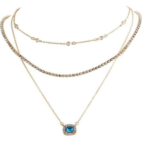 Fashion Women Boho Multilayer Gold Chain Choker Crystal Pendant Necklace Jewelry