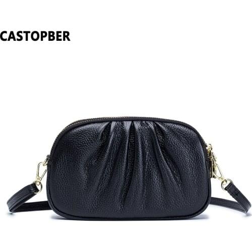 Fashion Women Triple Zipper Bag 3 Layers Compartments Crossbody Cow Genuine Leather Ladies Pleated Messenger For Mini Cell Phone