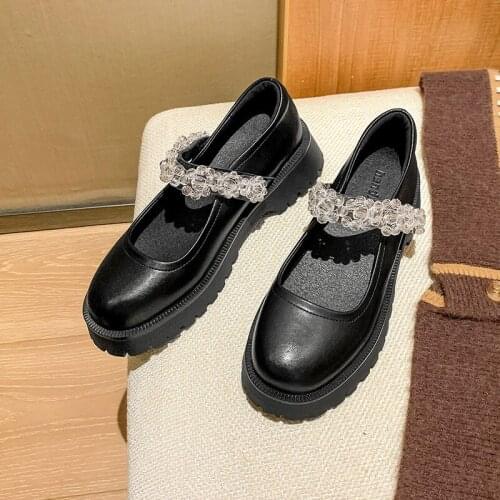 2021New Beaded Mary Jane Thick-Soled Spring And Summer British Style Thick Heel Small Leather Shoes Women