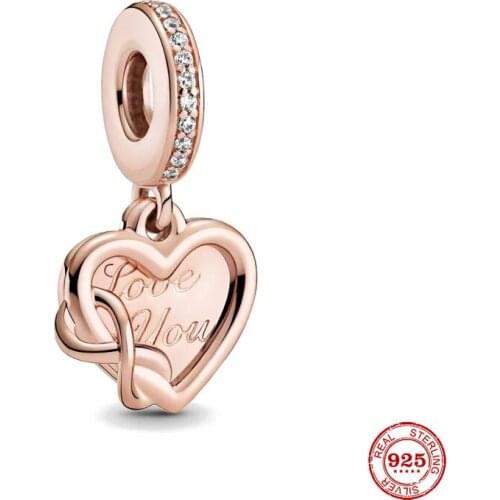 New Original Rose Gold Love You Infinity Heart Dangle Diy Bead Fit European Pandora Charms Bracelet Bangles Diy Jewelry P582