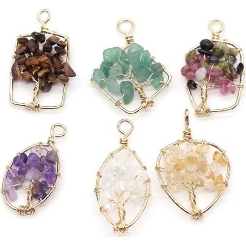 Natural Stone Pendants Life Tree Copper Wire Wrapped Crystal Amethysts Galet Stone Charms For Jewelry Making Necklace Bracelet