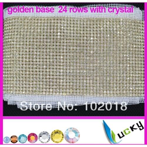 Crystal Mesh!Top quality golden metal base 24 rows with clear crystal rhinestone trimming for sewing wedding dress