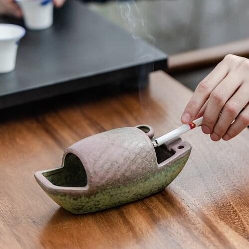 Straw Boat Creative Ashtray Fashion Personality Home Living Room Office Retro Ceramic Ashtray with Multifunctional Cover