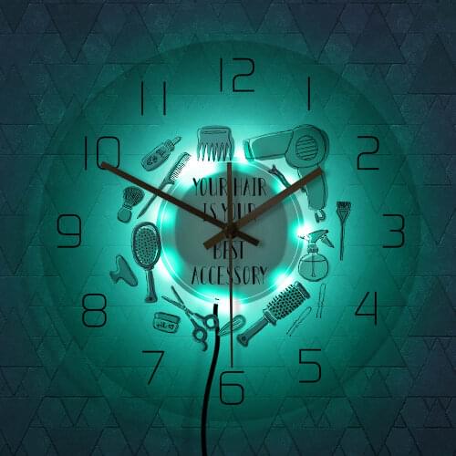 Your Hair Is Your Best Accessory Hairstylist Business Sign Modern Print Wall Clock Barber Salon Tools For Hairdresser Wall Light
