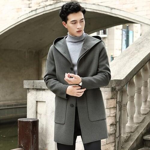Spring Wool Coat Hooded Double-sided Woolen Long Jacket Men Peacoat Overcoat Windbreaker Abrigo Hombre T-24-069 KJ1388