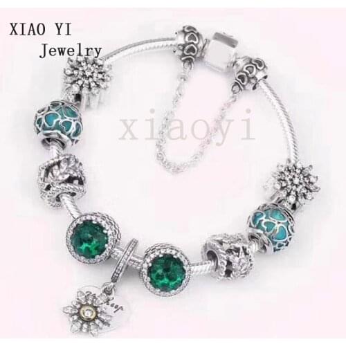 XIAOYI 2020 New 100% S925 Blue and green snow love safety chain charm temperament high quality bracelet DIY beads jewelry female