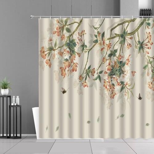 Shower Curtain 3D Print Hand Painted Flowers Birds And Butterflies Pattern Bathroom Curtains Polyester Waterproof Bathtub Screen