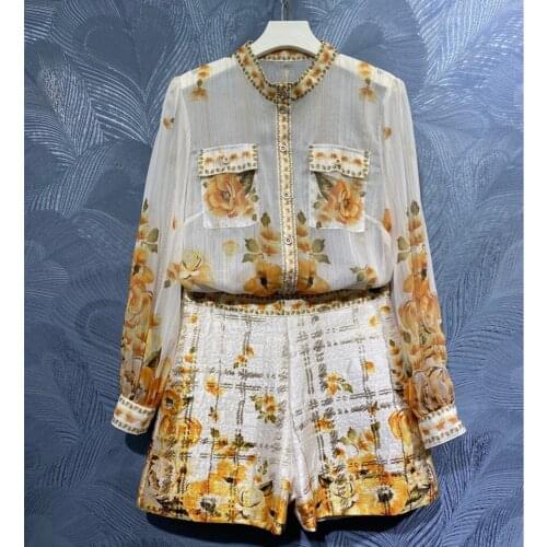 Summer 2021 Chic Womens pantsuit High quality floral print stand collar Shirts+Shorts 2piece set B883