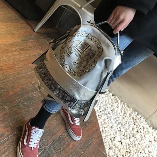 New Diamonds Vintage Elephant Beads Womens Backpack Pu Leather Oxfords Patchwork Fashion Mochila Travel Bag Student Bagpack