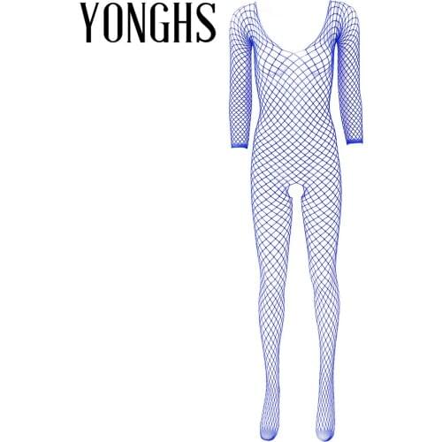 Womens Lingerie Fishnet Full Body Stocking Scoop Neck Long Sleeves Crotchless Closed Toes Stretchy Hollow Out Sexy Bodysuit