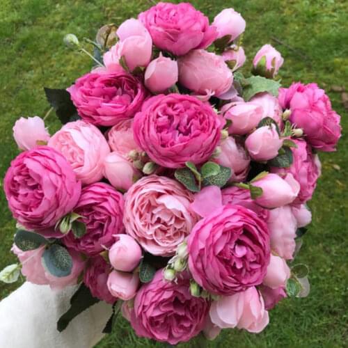 1 Bouquets Silk Fake Rose Flowers Artificial Flower for Wedding Decoration Flowers Home Livingroom Decor 5 Big Head and 4 Bud