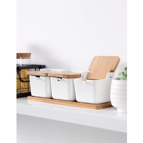1SET Household Ceramic Japanese Bamboo Can Seasoning Bottle Jar Set Kitchen Spice Salt Pepper Tank with Bamboo Frame JO 1076