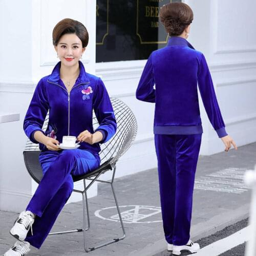 2020 Spring Autumn Women Sets Sportswear Warm Velvet Tracksuit Stand collar 2pcs Embroidery Sweatshirt Pant Sweat Suits Casual