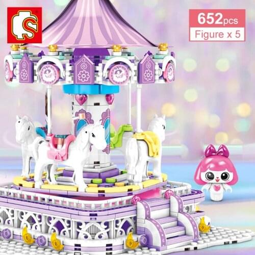 SEMBO 652Pcs Girls Pink Dream Princess Fantasy Carousel Building Blocks Colorful Holidays Amusement Park DIY Bricks Toys Friends