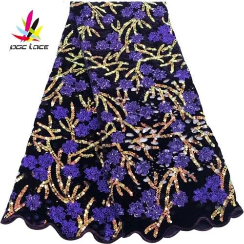 2019 African Velvet Fabric Lace Sequence Fabrics Best Quality Purple Velvet Lace Fabric with Sequins for Nigerian Wedding NI2400