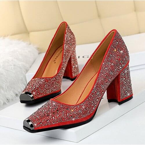 BIGTREE Sexy Banquet High Heels Thick Heels Shallow Mouth Metal Square Head Shining Rhinestone Womens Single Shoes 6862-5