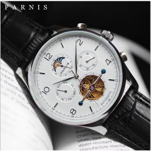 Parnis 43mm White Dial Automatic Mens Watches Moon Phase Calendar Men Wristwatch JHS35 Movement Mechanical Man Clock box gift