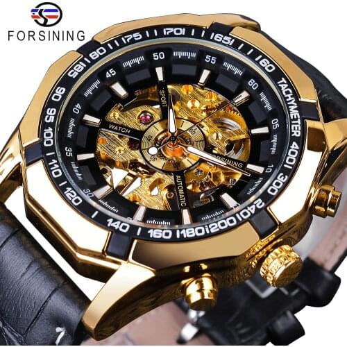 Forsining Waterproof Golden Black Skeleton Clock Two Button Decoration Mechanical Wrist Watches for Men Black Genuine Leather
