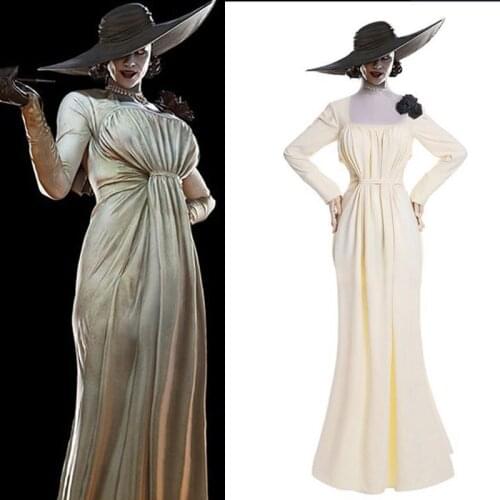 Hot Game Vampire Madam Alcina Dimitrescu Cosplay White Dress Square Collar Suit Halloween Party Evil Village Role Play Clothing