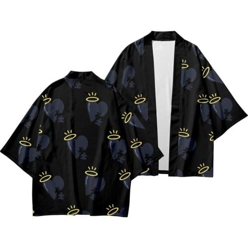 Men Summer Cardigan Harajuku Yukata Robe Traditional Clothes Japanese Style Black Print Kimono Streetwear