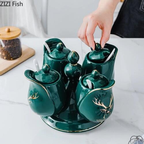 Creative Ceramic Kitchen Seasoning Tank Set with Cover Salt Shaker Sugar Bowl Rotatable Spice Jar Modern Kitchen Accessories