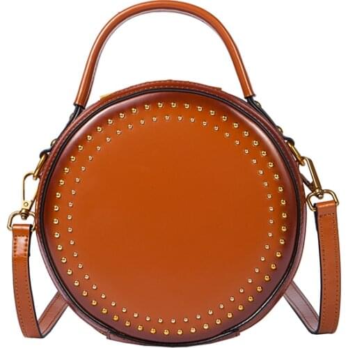 Small Circular Bags Women Mini Leather Tote Bags Preppy Style Rivets Crossbody Shoulder Bag Female Handtassen Dames 7 Colors