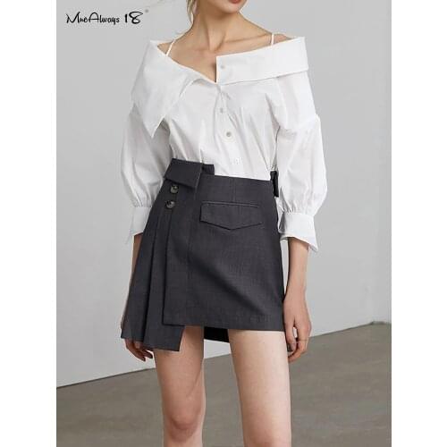 Mnealways18 Vintage Irregular Gray Womens Skirt Casual Office Ladies Pleated Skirts High Waist Pockets Mini Skirt Autumn 2020