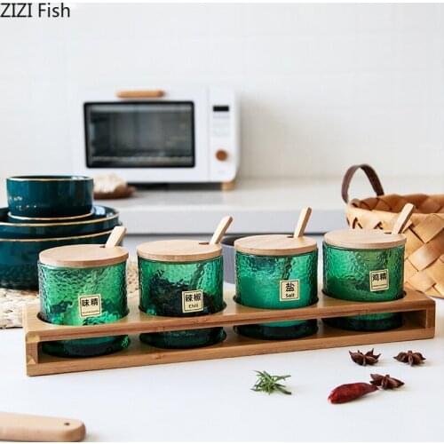 Luxurious Green Glass Seasoning Pot Oil Bottle Suit Salt Sugar Jar Home Kitchen Seasoning Bottle 3-piece Set Storage Tools