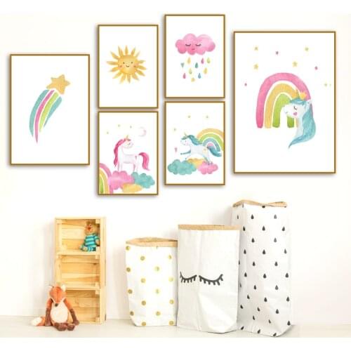 Cartoon Rainbow Unicorn Clouds Stars Sun Nordic Posters And Prints Wall Art Canvas Painting Wall Pictures For Kids Room Decor
