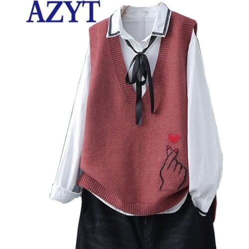 AZYT Autumn V Neck Women Sweater Vest Korean Loose Pullover Knitted Sleeveless Jacket Female 2021 Casual Chic Knitwear Vest Tops
