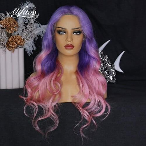 ALIFITOV Ombre Purple Pink Lace Front Wig Body Wave Human Hair Wigs Long Virgin Hair Transparent Lace Wigs For Black Women