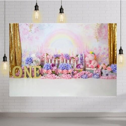 Rainbow Floral Backdrop 1st Birthday Cake Smash Portrait Glitter Curtrain Background for Photo Studio Oil Painting Flowers Props
